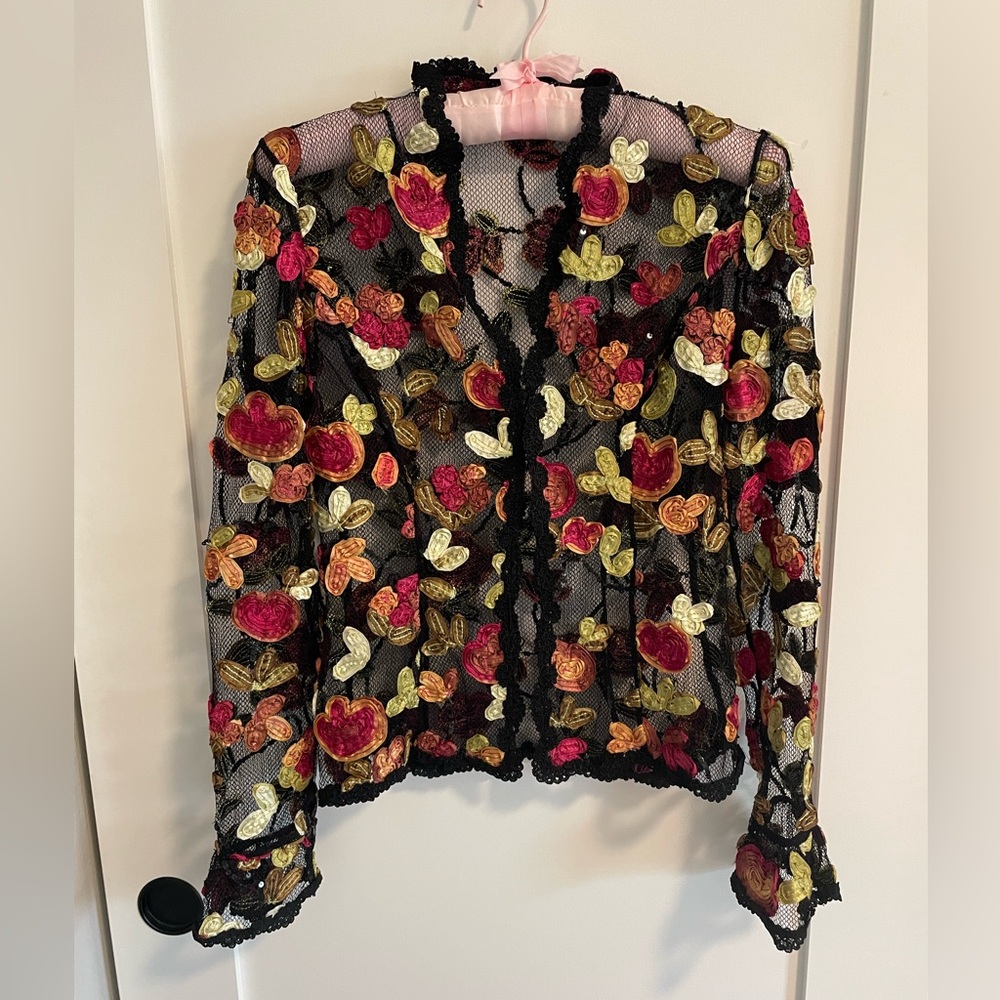 black mesh with ribbon embroidered detailing and black sequin button up top